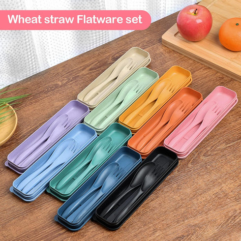 Reusable Travel Utensils Set with Case, 3 Sets Wheat Straw Portable Knife Fork Spoons Cutlery, Eco-Friendly BPA Free Plastic Tableware for Kids Ad...